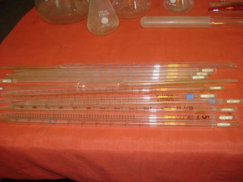 Lot of 12 Pfeiffer, Pyrex &amp; Kimax Glass Laboratory Reusable Pipettes Pipets USA