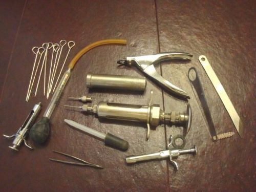Vintage VETERINARY TOOLS 3 Syringes Needles Clippers Knife Dropper Tweezers Case