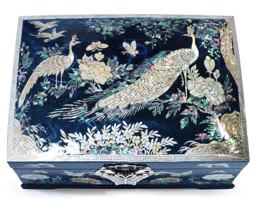 Jewelry box wood korean mother of pearl inlay peacock blue new two level mirror for sale