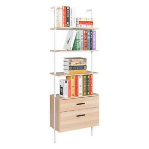 3-Tier Ladder Shelf Bookcase Bookshelf Drawers Wood Metal Wall Mount Living Room