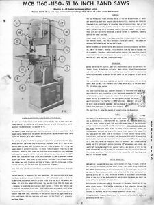MCB 1160, 1150 &amp; 1151 16-inch Band Saws Operator Parts Instruction Manual