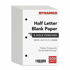 Half Letter Blank Paper, 3 Hole Punched, Bright White Printer Binder (500)