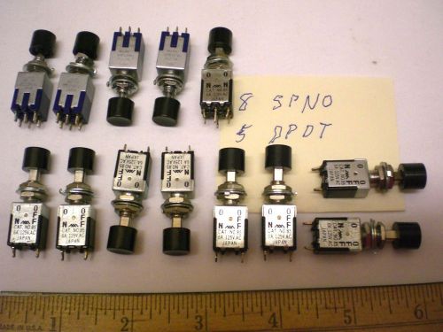 13 push on/push off switches, 8 are spno,mm cat. # 85, 5 are dpdt, # ms-251 for sale