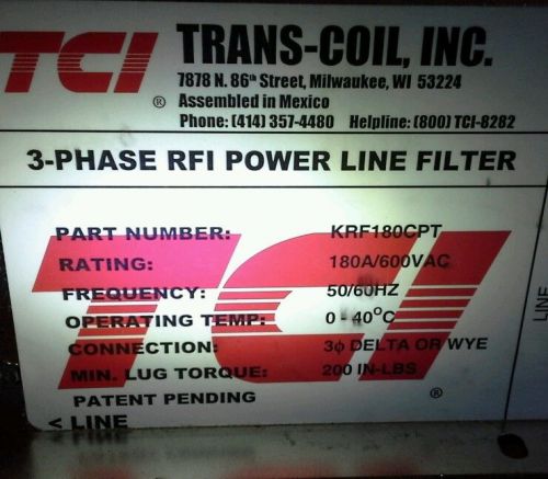 TCI  Trans Coil Inc KRF180CPT 180A 600VAC 3 Phase RFI Power Line Filter