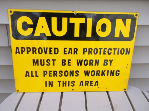 Vtg. Industrial Factory CAUTION Ear Protection Porcelain Enamel 20x14 Sign #2