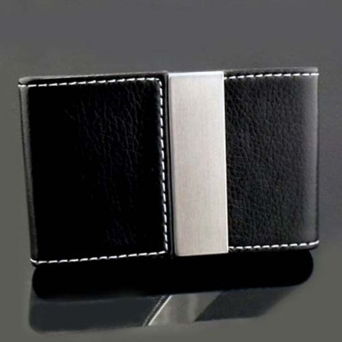 BLACK LEATHEROID MAGNETIC STAINLESS STEEL BUSINESS ID CREDIT CARD HOLDER CASE NR