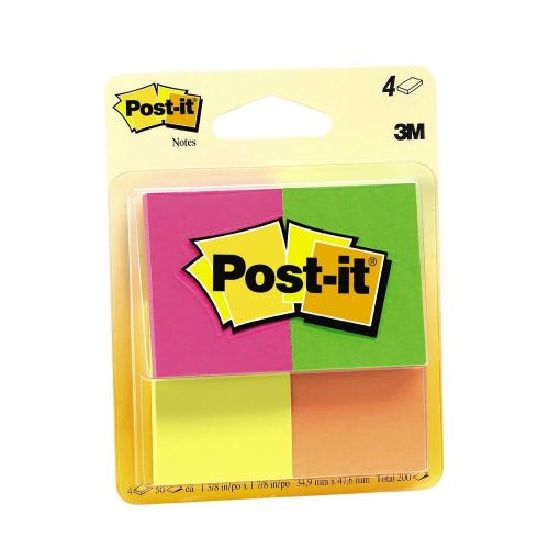 Post-it Notes 1-3/8 x 1-7/8 Assorted Neon Colors 50 Sheets/Pad Four Pads 653-4AF
