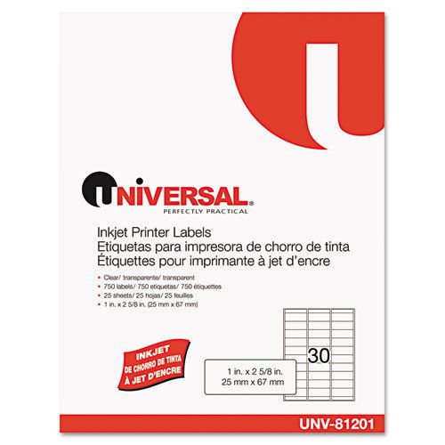 Universal Inkjet Printer Labels, 2-5/8 x 1, Clear, 30 Labels per Sheet, 750 per