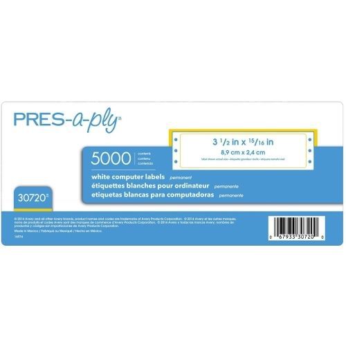 Avery Pres-A-Ply Pin-Fed Computer Label -3.5&#034;Wx0.93&#034;L-5000/Box-White