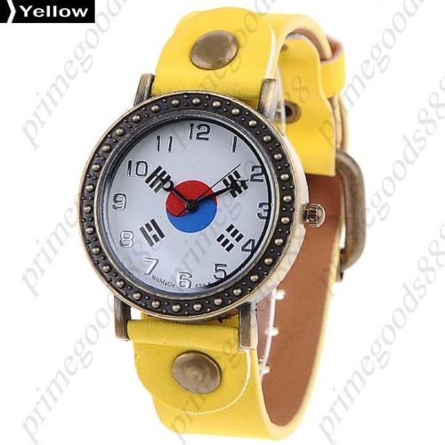 South Korea Flag Synthetic Leather Lady Ladies Quartz Wristwatch Women&#039;s Yellow