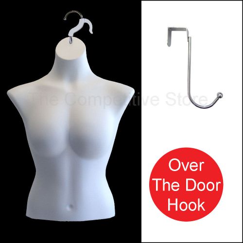 White female busty torso mannequin form for m sizes + chrome over the door hook for sale