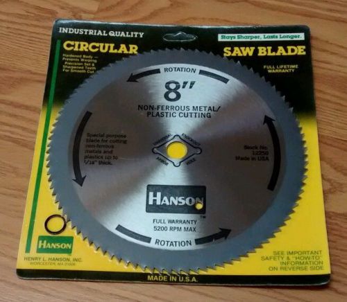 #12250 hanson circular saw blade, 100 tooth, 8&#034; non-ferrous metal &amp; plastic, new for sale