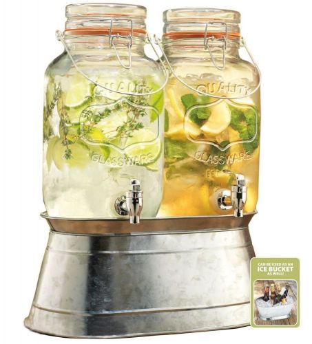 Mason Jar Beverage Dispensers Twin 1-Gallon Drink Pitchers Metal Ice Cooler