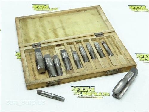 Lot of 11 hss pipe taps 1/16&#034; -27 npt to 1/2&#034; -14 npt with wooden box baystate for sale