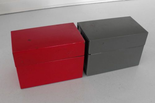 2 vintage metal industrial recipe or index card holder file box, red, gray
