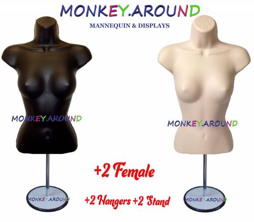 +2 hangers 2 stand 2 female mannequin flesh black torso form display clothing for sale