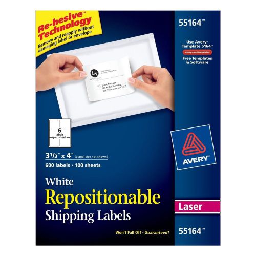 Avery 55164 White Repositionable Laser Shipping Labels 3.33 x 4in Box of 600