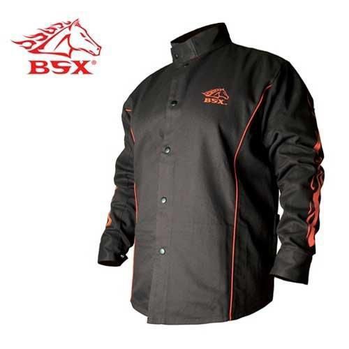 New black stallion bsx fr welding jacket - black with red flames - large size for sale
