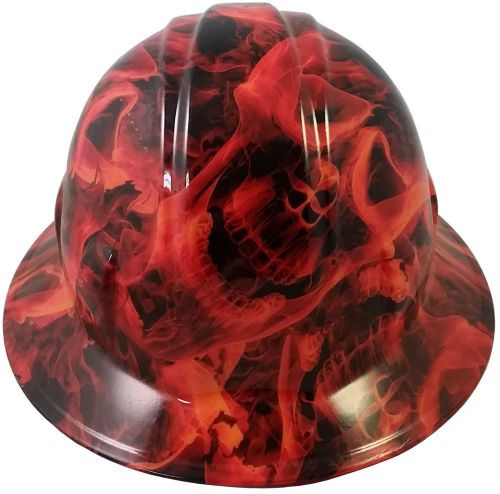 3D Dipped FULL BRIM Hard Hat with Ratchet Suspension - Large Burning Skulls