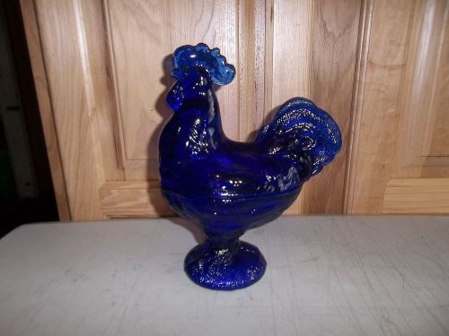 Large cobalt blue glass standing rooster covered compote 8.75&#034; iridized for sale