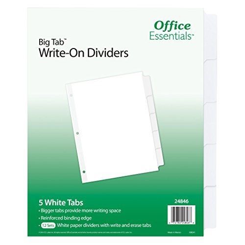 Office Essentials Big Tab Write-On Dividers, 8-1/2&#034; x 11&#034;, 5 Tab, White Tab, 12