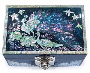 Jewelry ring watch box organizer korean mother of pearl inlay peacock blue new for sale