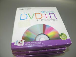 4-10 PACKS(40 DISCS) MEMOREX DVD+R 16X 4.7GB/Go 120min DISCS w/PAPER SLEEVES