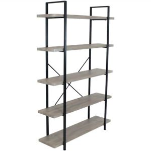 70 In. Oak Gray Industrial Style 5-Tier Bookshelf with Wood Veneer Shelves
