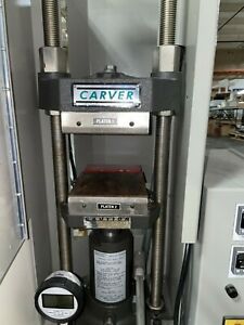 Carver Model 3851-0 Hyd Press 12 Ton, 6&#034;x 6&#034; heat/cooled platens manual hyd