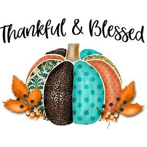 Pumpkin Thankful and Blessed Sublimation Transfer Ready to Press, Teal, Brown