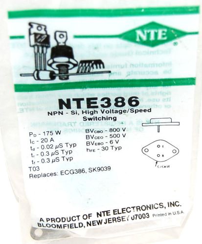 NTE NTE386 NPN SI HV HI VOLTAGE SPEED SWITCHING T03 EQUIV to ECG386 SK9039