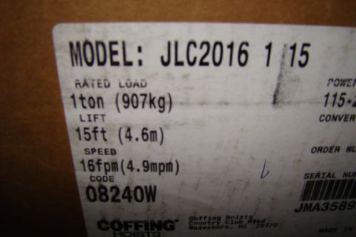 Coffing JLC-2016 1 ton hoist NEW NO DAMAGE 115/230 Single Phase 15&#039; lift height