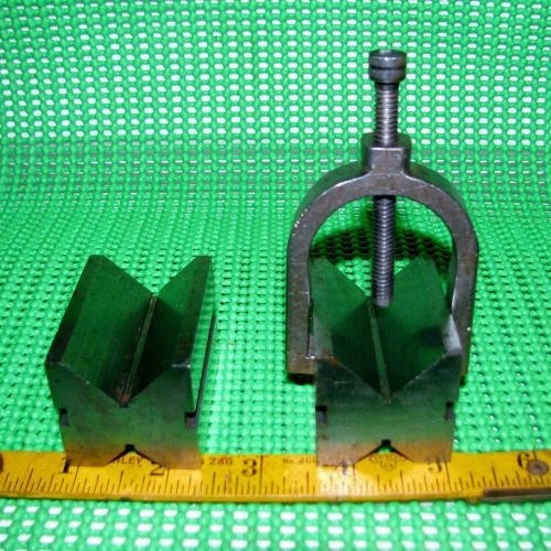 Matched pair of used machinist v-blocks with clamp. 1.5&#034;x 1.5&#034; x 2&#034; for sale