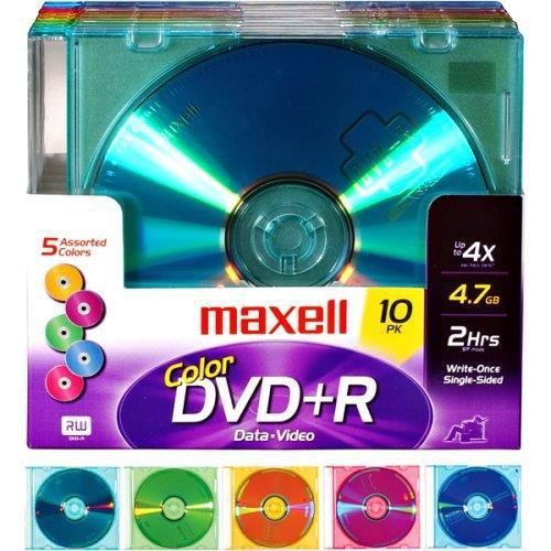 Maxell DVD-R DVDR Assorted Color 4x 4.7GB 2 Recordable Disc Media Write 10 pack
