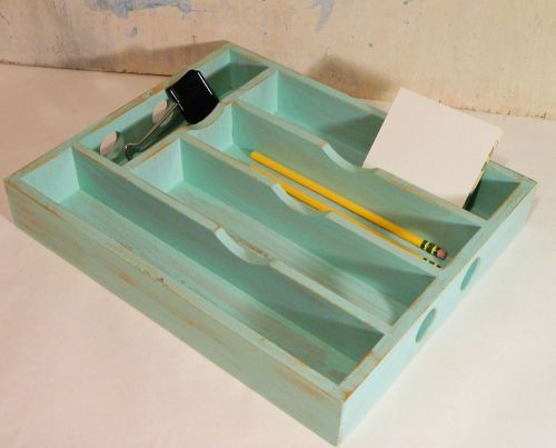 Wood Box/Divided Cutlery Tray Home Office/Blue/Organizer Bin/Shabby Cottage Chic