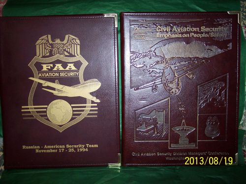 AVIATION SECURITY HEAVY BROWN FAUX LEATHER METAL TRIMMED BINDERS 1990&#039;S