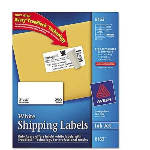 Avery 8163 White Shipping Labels for Inkjet Printers, 2&#034; x 4&#034;, 250 Labels/Pack