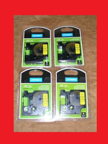 Lot of 4 DYMO D1 Standard Label 1/2&#034; x 23&#039;, 0.5in x 23ft Black on Yellow 1858737