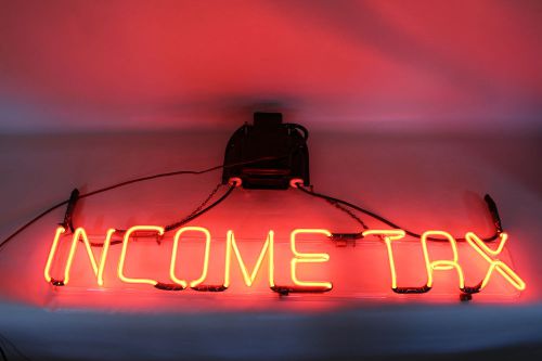 VINTAGE (1950&#039;s) NEON SIGN- INCOME TAX IN RED LTRS  36&#034; (3ft) x 6&#034; tall x 2&#034; dee