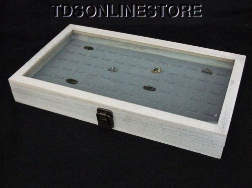 Rustic Antique White Color 72 Ring Glass Top Display Case Gray Insert
