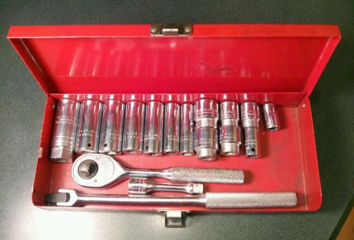 Proto professional 3/8&#034; drive12 point sae socket set 17 pc orig red metal box for sale