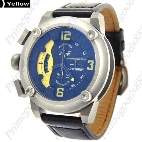 High end silver case leather quartz sub dials date men&#039;s wrist wristwatch yellow for sale