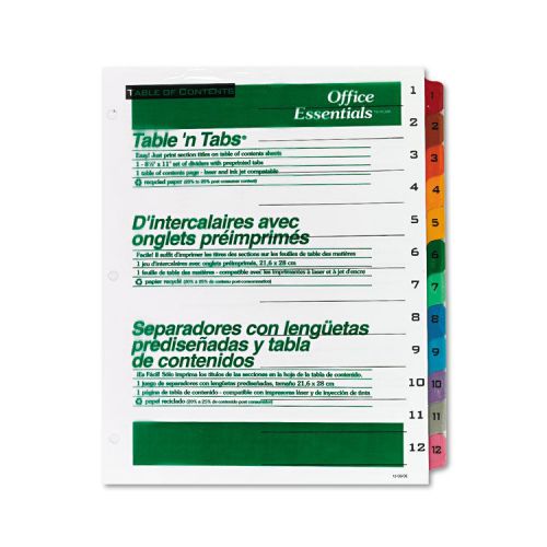 Office essentials table &#039;n tabs dividers, 12 multicolor tabs, 1-12, letter, set for sale