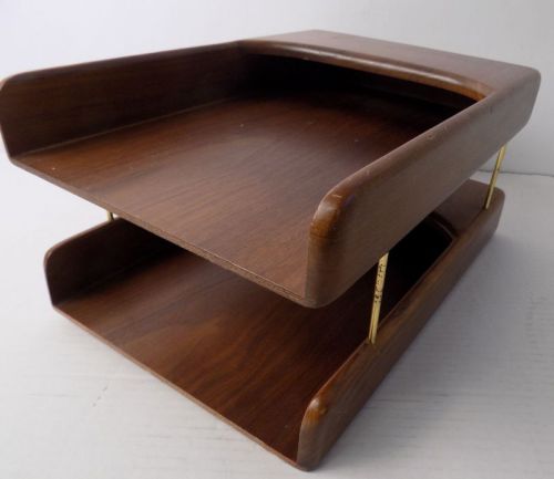 Vintage Mid Century Double Desk Tray Walnut Sorter IN OUT Eames Era MCM