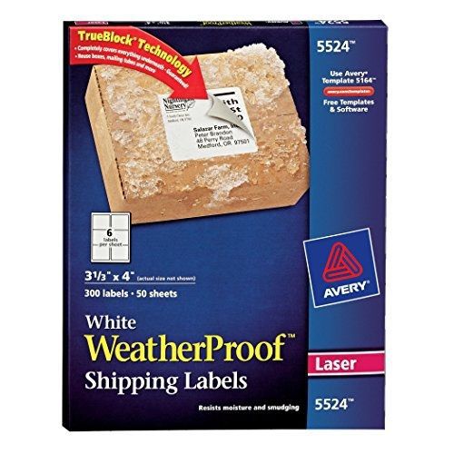 Avery 5524 Weatherproof laser shipping labels, 3-1/3 x 4, 300/pack