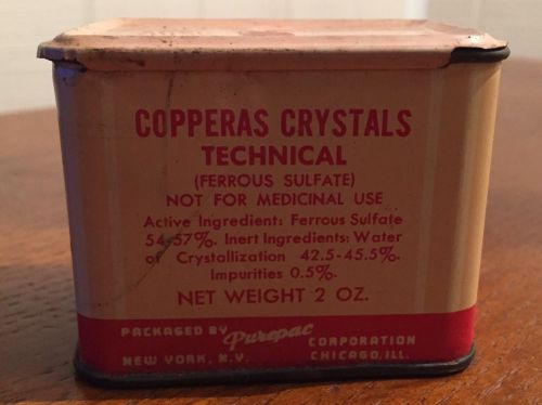 Last Chance! Vintage 2 oz Copperas Crystal Technical (Ferrous Sulfate) tin