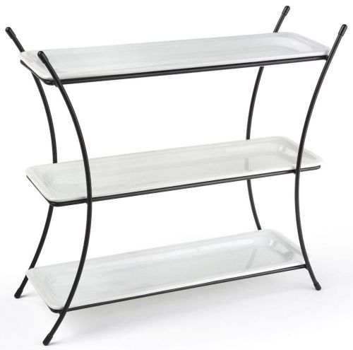3 tier serving wire tray with (3) 1&#034; deep porcelain dishes - black and white 196 for sale