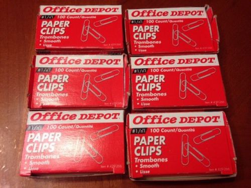 Lot of 6 New Boxes 100 Count Office Depot Smooth Paper Clips # 429-266 New