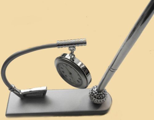 Pewter Finish Golf Pen Holder with Clock