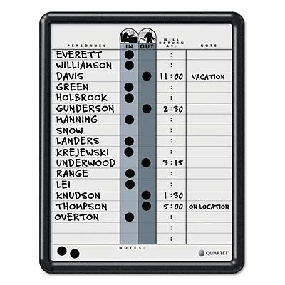 Employee In/Out Board, Porcelain, 11 x 14, Gray, Black Plastic Frame, 1 Each